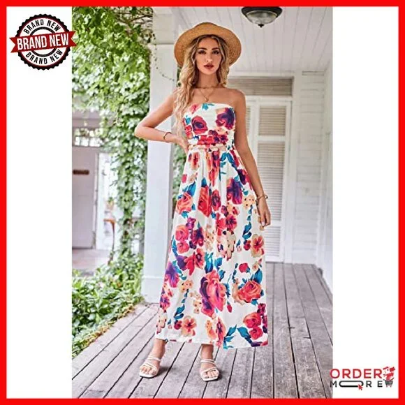 Strapless Maxi Dress with Pockets, Ruched Casual Loose Fit